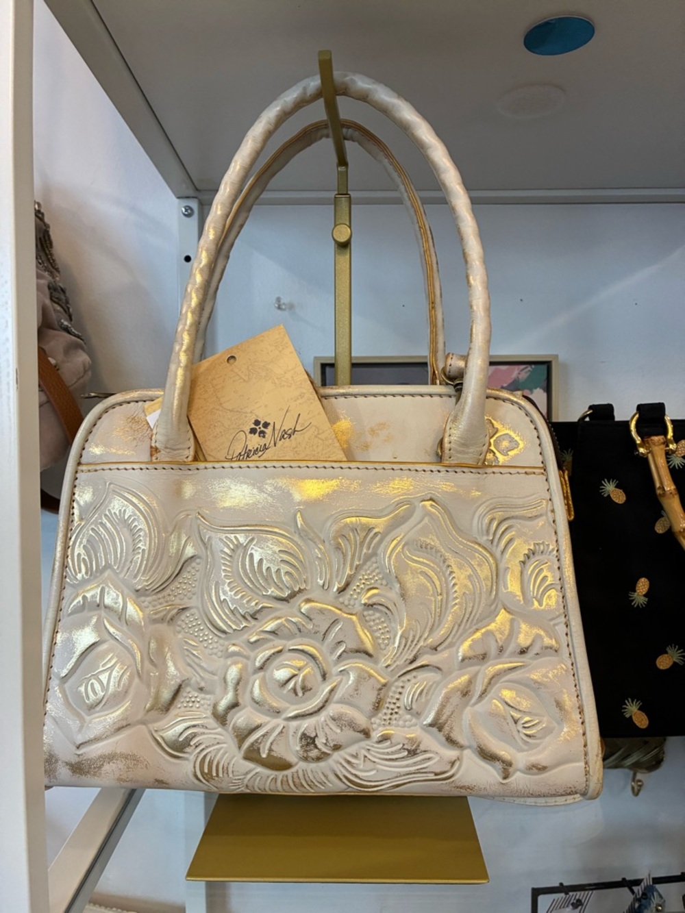 Patricia Nash Cream Metallic Embossed Floral Satchel